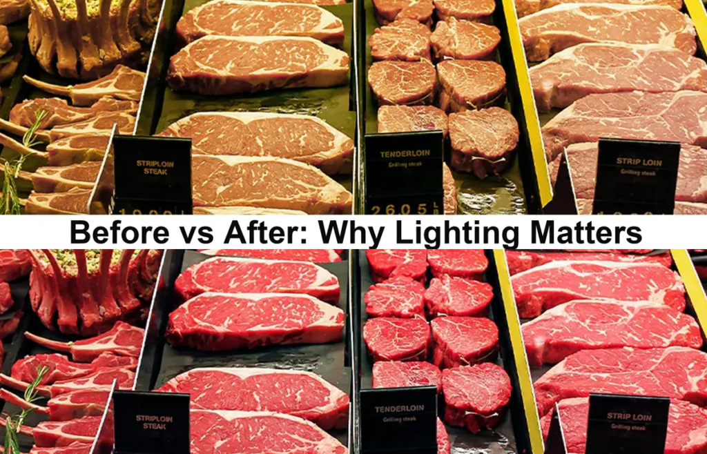 肉类展示柜在正常照明与高显色指数照明下的比例对比 肉类展示柜在正常照明与高显色指数照明下的比例对比
