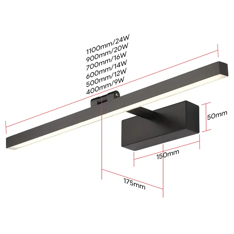 Angle Adjustable Linear LED Mirror Light - Dimensions