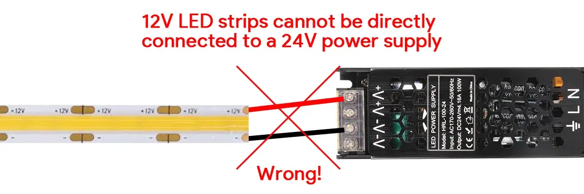 12V LED strips cannot be directly connected to a 24V power supply 12V LED strips cannot be directly connected to a 24V power supply