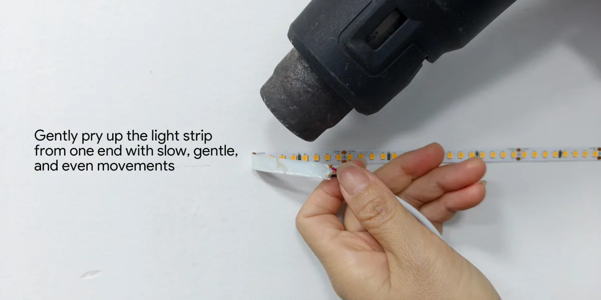 LED Strip Light Removal Steps_Gently pry up the light strip from one end LED Strip Light Removal Steps_Gently pry up the light strip from one end