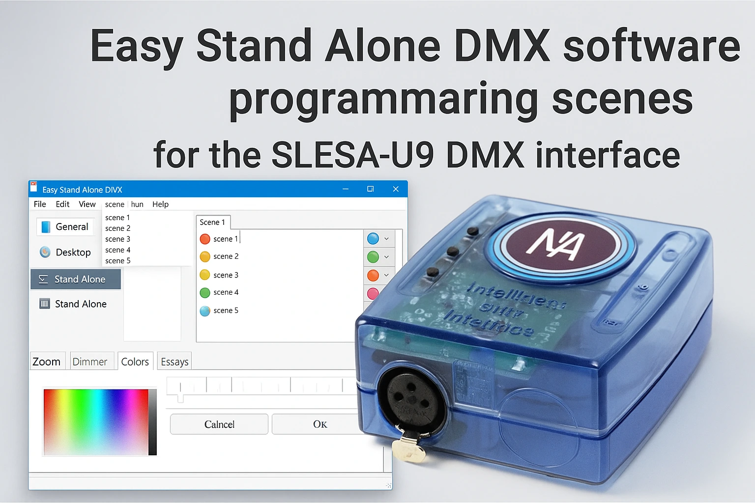 Easy Stand Alone DMX software programming scenes for the SLESA-U9 DMX interface