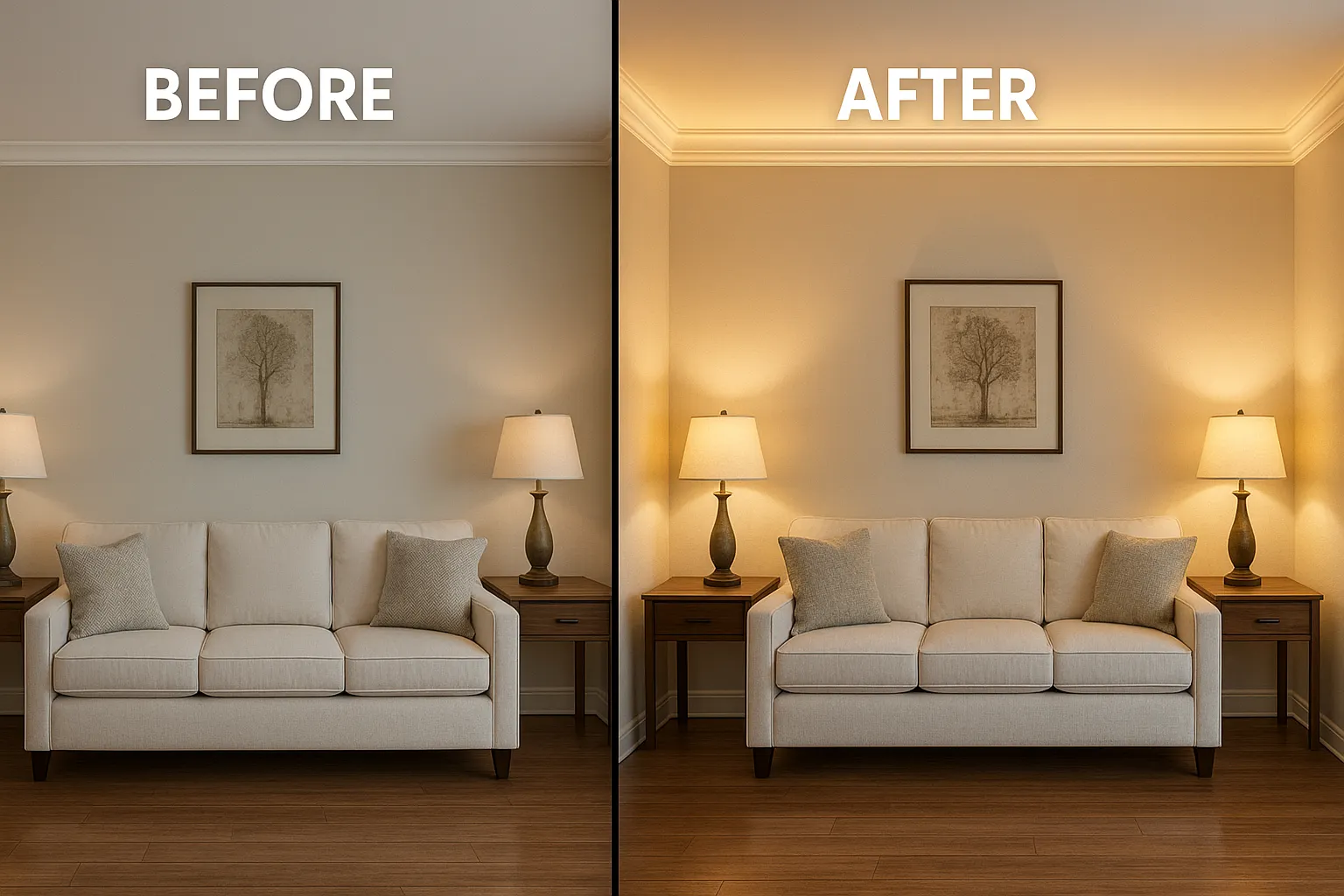 Hidden cove lighting comparison Hidden cove lighting before/after comparison