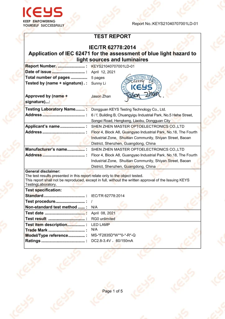 LED CHIP IEC 62471 test report