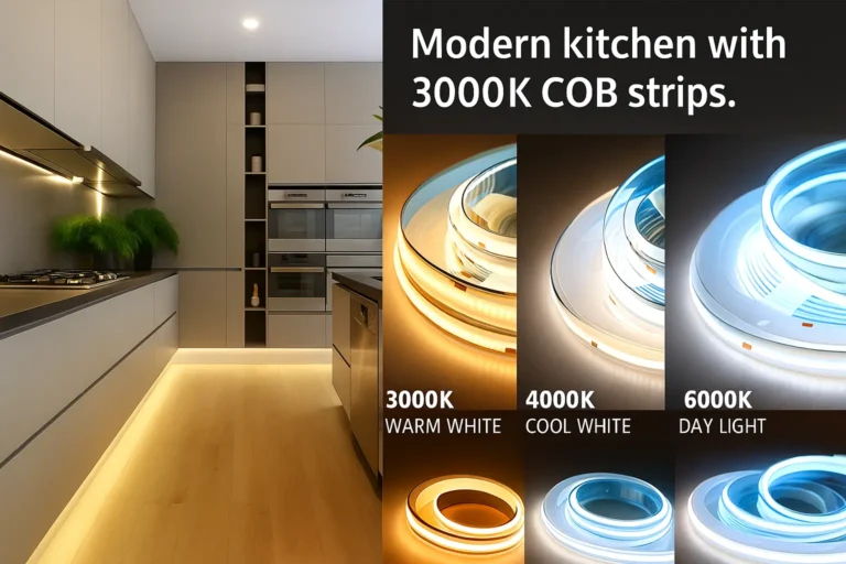 Cozinha moderna com tiras de 3000k de espiga.