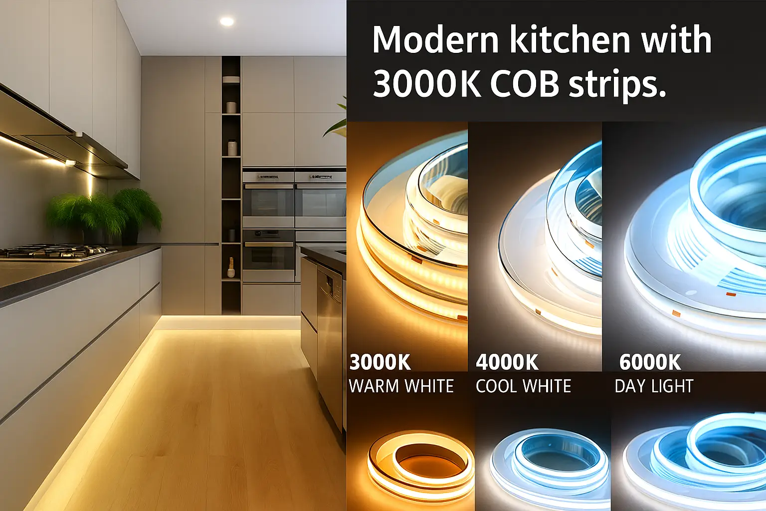 Modern kitchen with 3000K COB strips. Modern kitchen with 3000K COB strips.