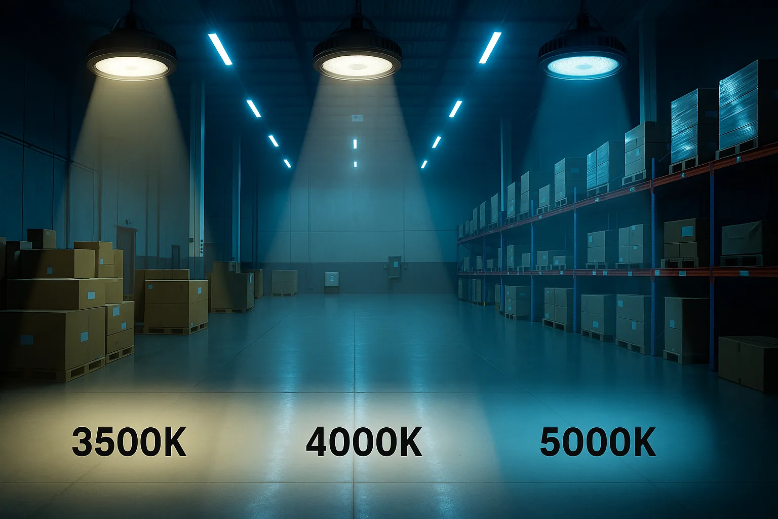 Warehouse aisle with 5000K high-lumen COB Warehouse aisle with 5000K high-lumen COB