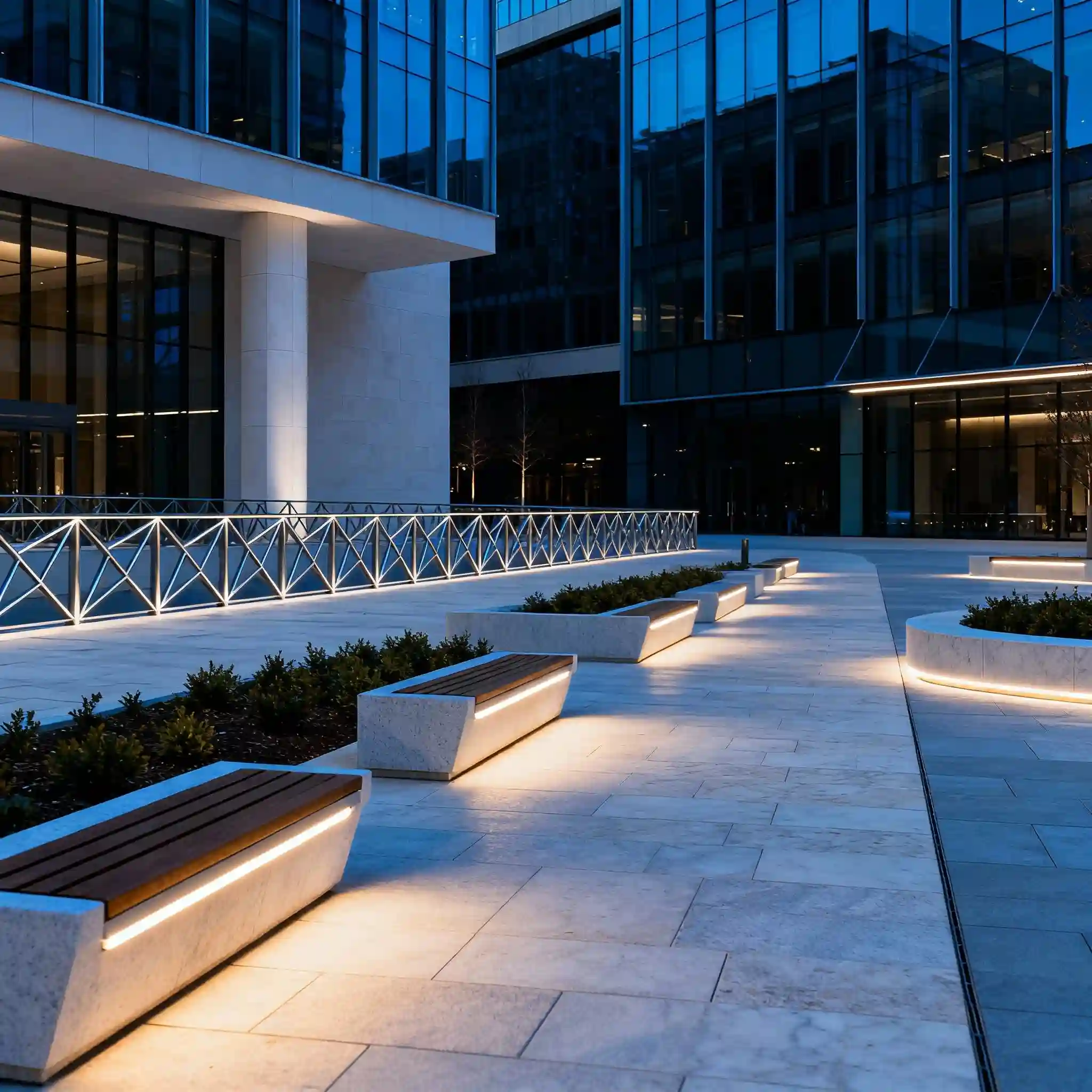 COB LED strip lighting illuminating walkways COB LED strip lighting illuminating walkways and architectural features in a public plaza.