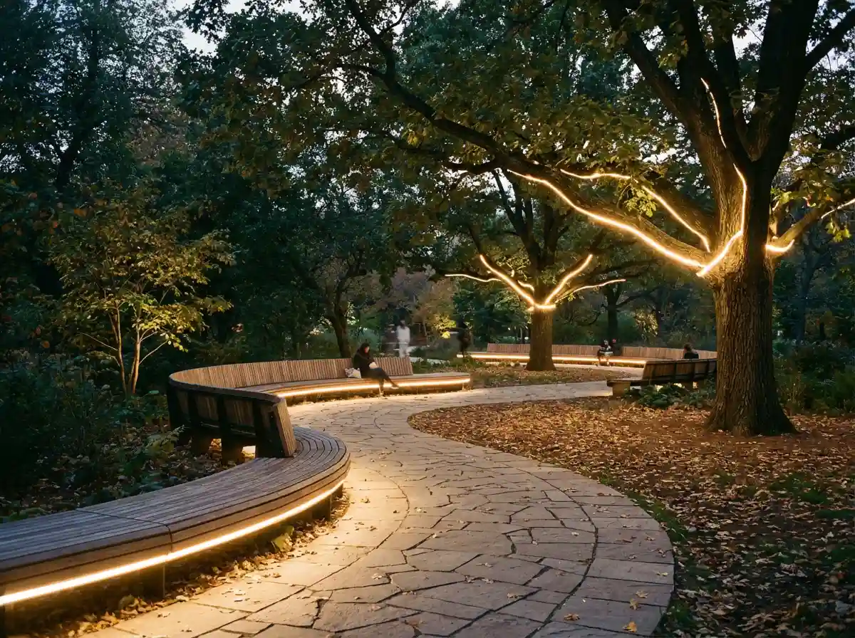 COB LED strip lighting used to illuminate trees and benches COB LED strip lighting used to illuminate trees and benches in a park, enhancing the outdoor environment