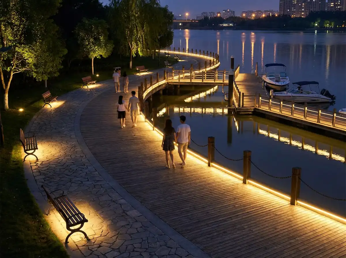COB LED strip lights illuminating a waterfront pathway COB LED strip lights illuminating a waterfront pathway and dock area at night, creating a romantic and safe ambiance.