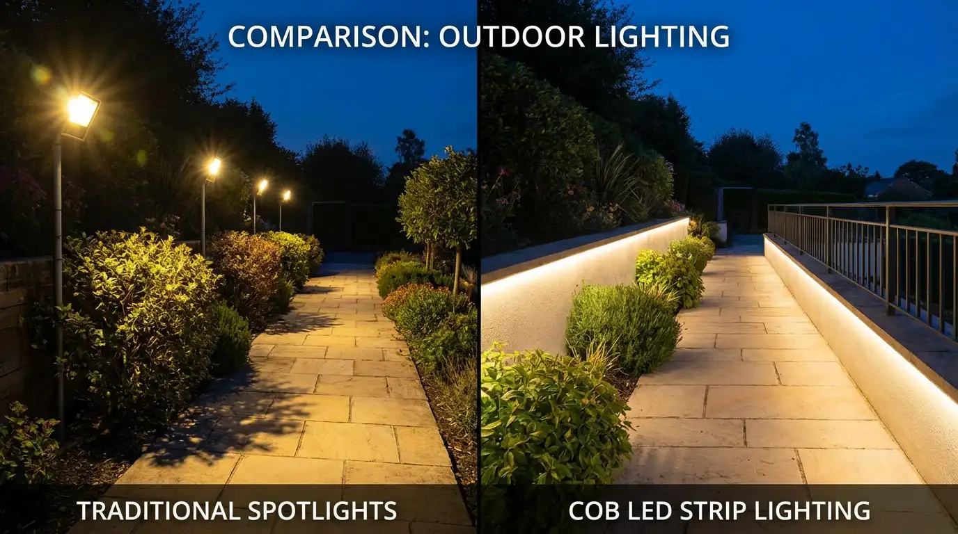 Comparison between harsh spotlights and COB LED strip lighting Comparison of COB LED strip and traditional LED strip lighting, showcasing smooth, glare-free illumination.