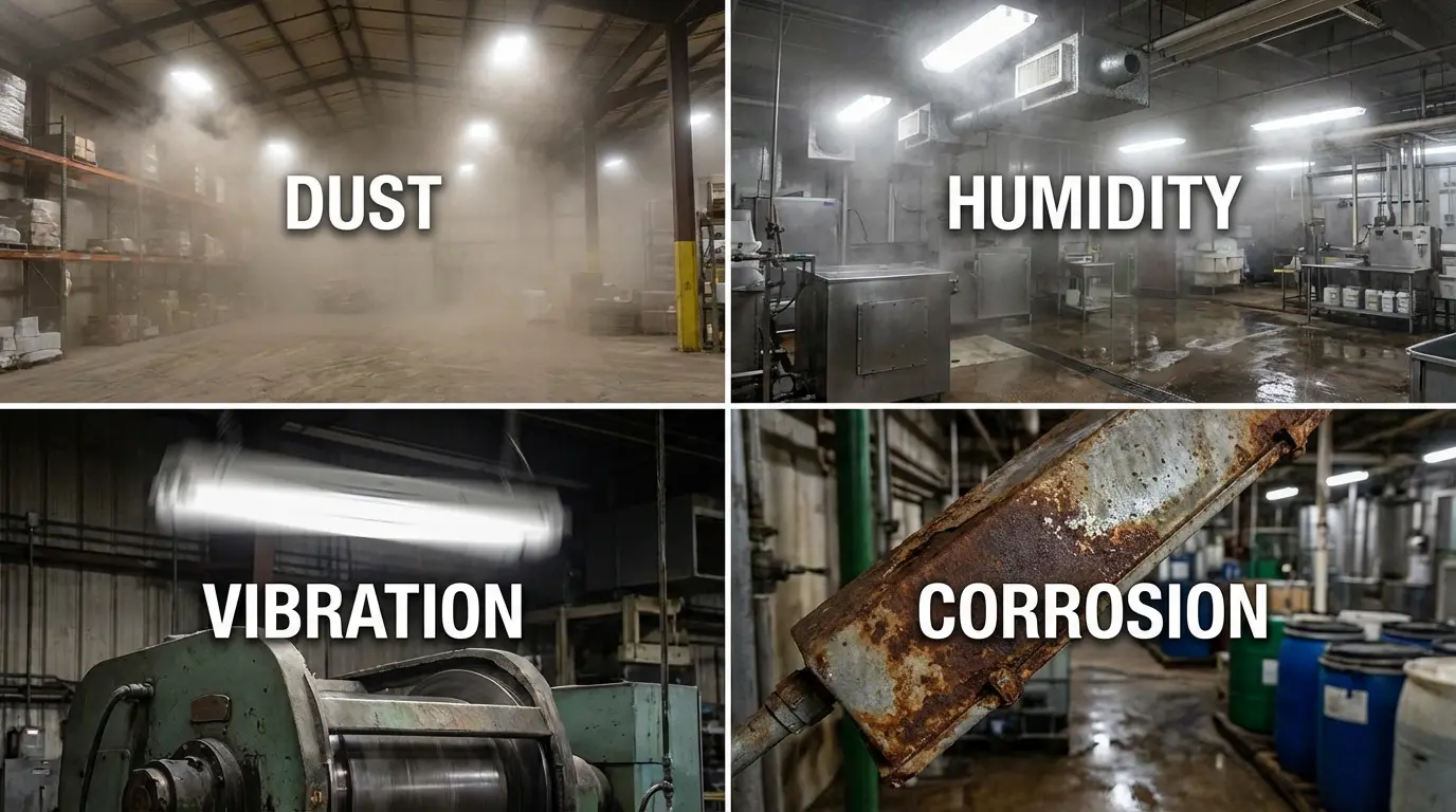 Проблемы промышленного освещения на складах и фабриках, включая пыль, влажность, вибрацию и коррозию