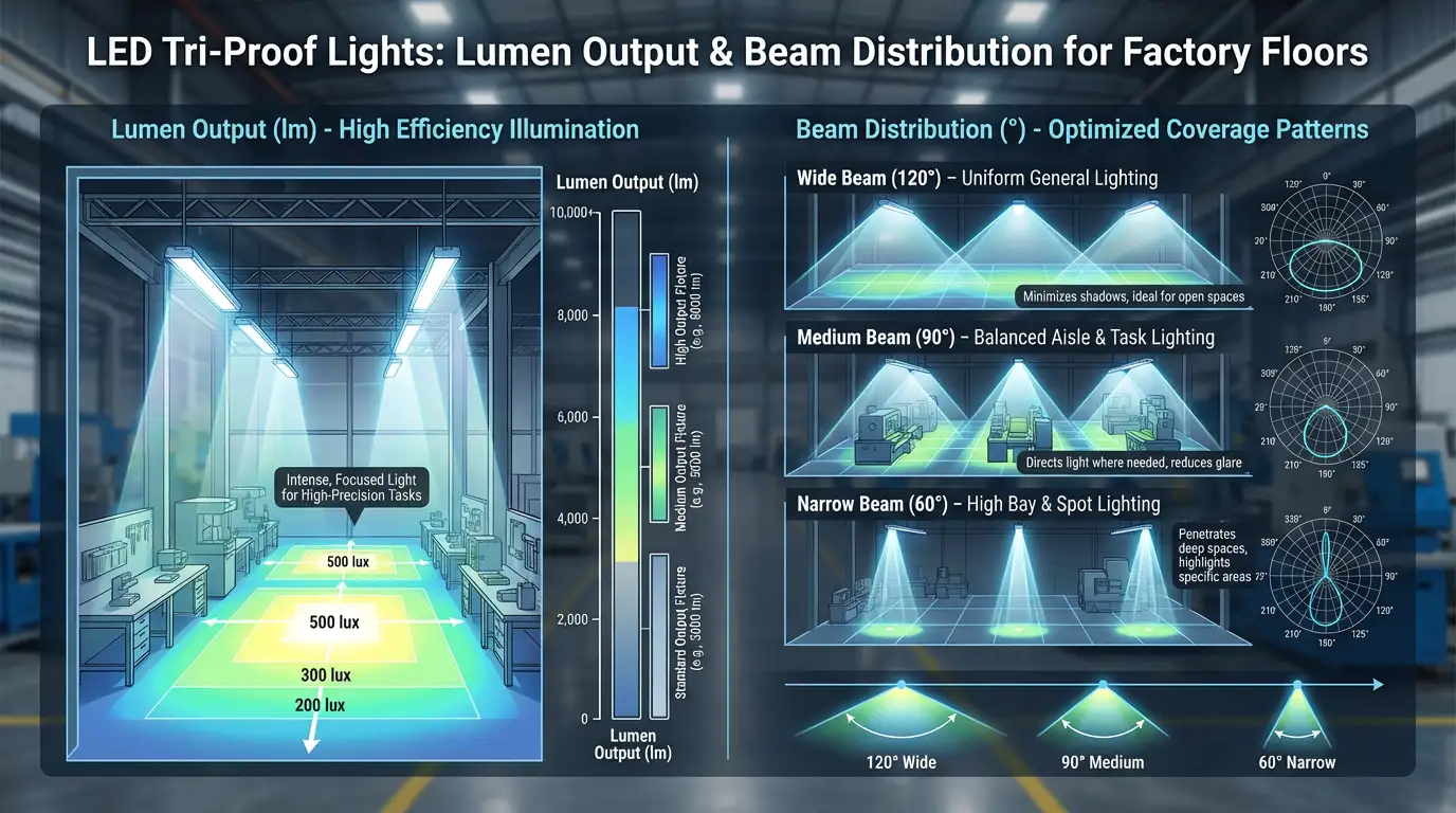 Выход люмен и луч распределения светодиодных три-просветительных фонарей для складских проходов и фабричных полов