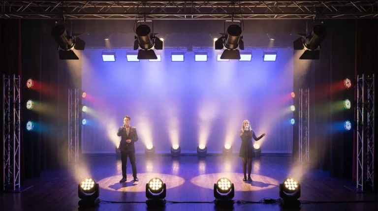 Professional LED stage lighting with multi‑LED dynamic fixtures on a theatre stage