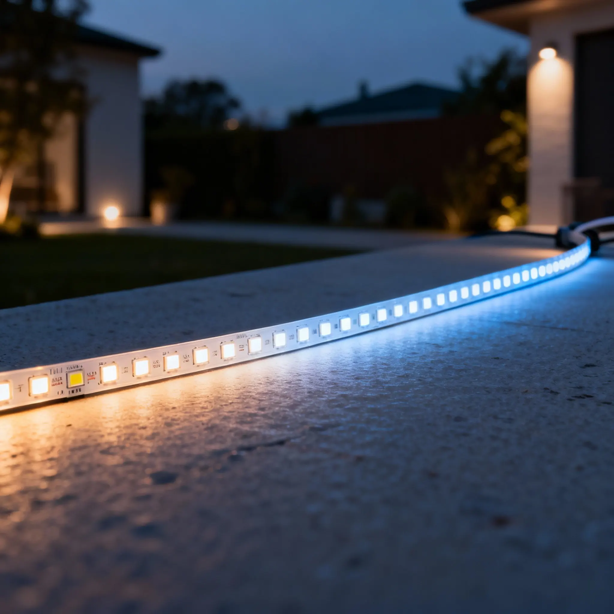 Tunable white COB LED strip lighting Tunable white COB LED strip lighting, transitioning from warm white to cool white for different outdoor settings