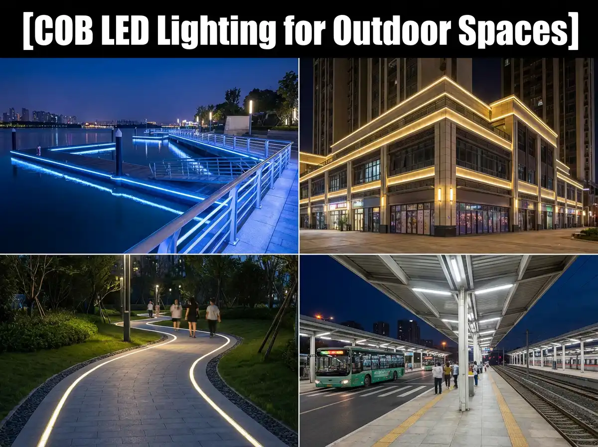 COB LED şerit ışıkları ile aydınlatılan, deniz kıyısında, ticari binalarda, yürüyüş yollarında ve ulaşım merkezlerinde çok yönlülüklerini sergileyen çeşitli dış mekan alanları