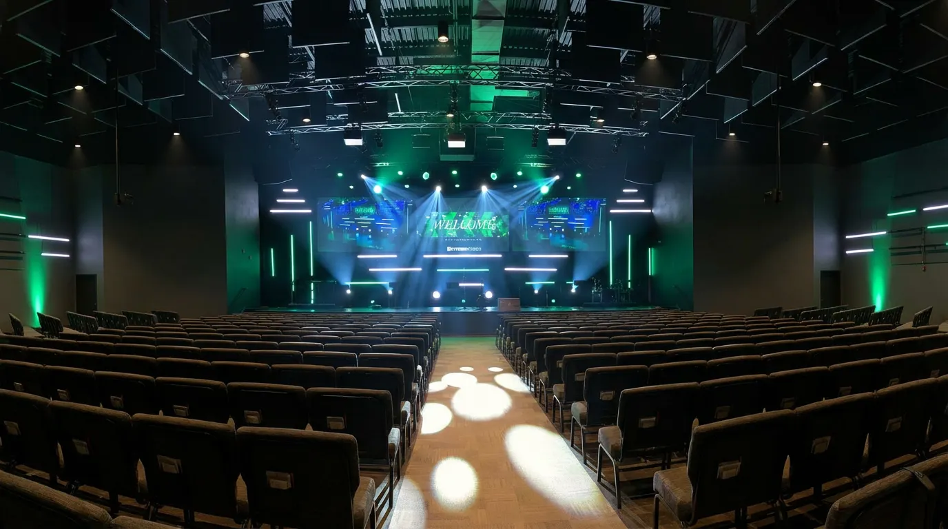 modern LED stage lighting across a contemporary church worship hall