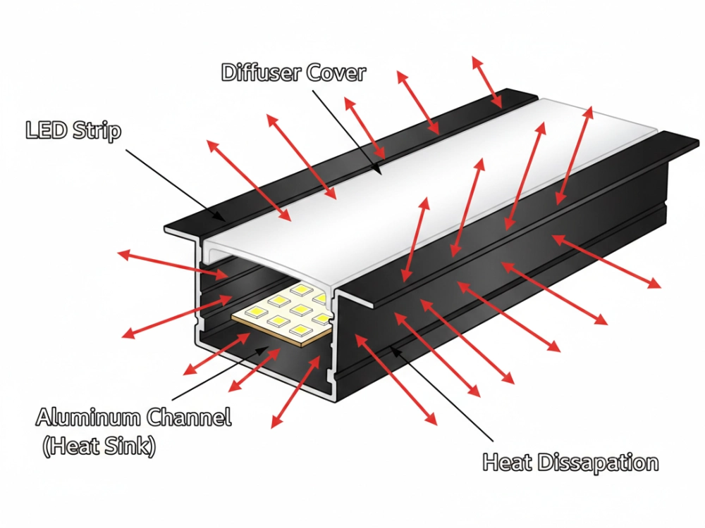 Aluminum LED channel acting as a heat sink to improve LED lifespan
