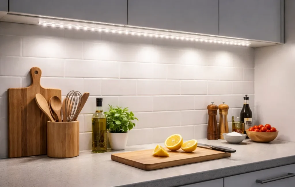 Clear LED diffuser cover providing maximum brightness for task lighting in kitchen