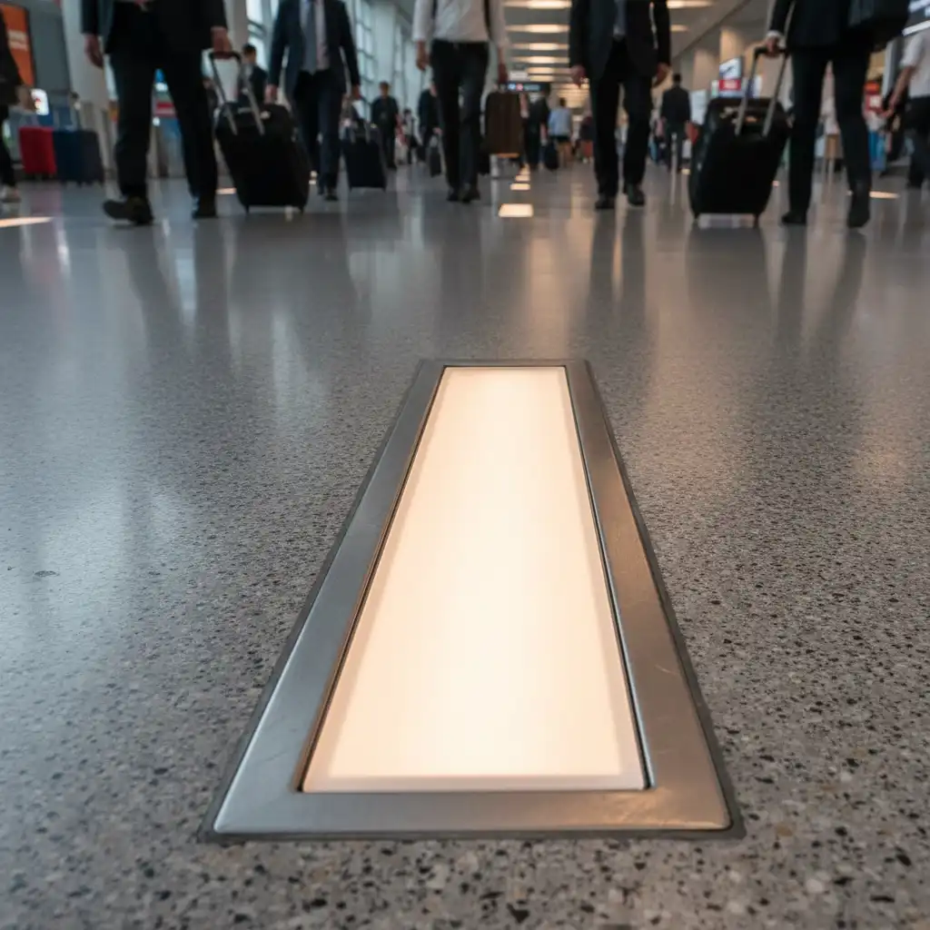 Nahaufnahme eines LED-Einbaukanals, der mechanischen Schutz in einem verkehrsreichen Gewerbegebiet bietet.