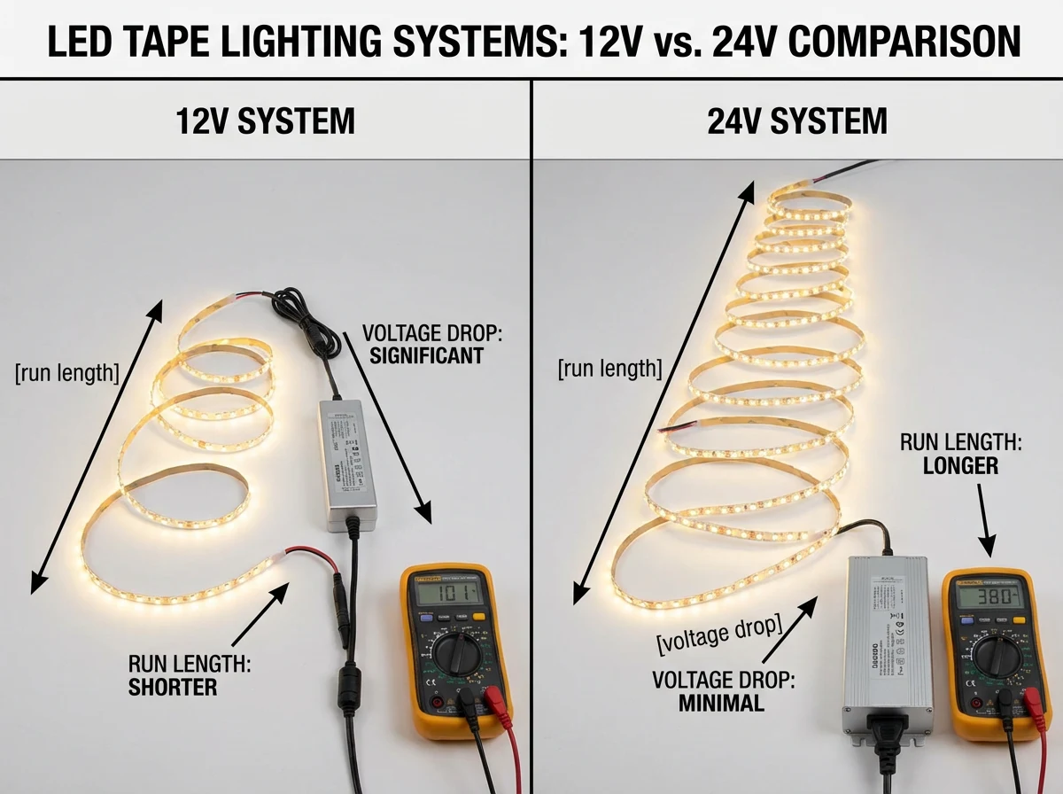 ランレングスと電圧の安定性のための 12V と 24V LED テープ照明システムの比較 ランレングスと電圧の安定性のための 12V と 24V LED テープ照明システムの比較