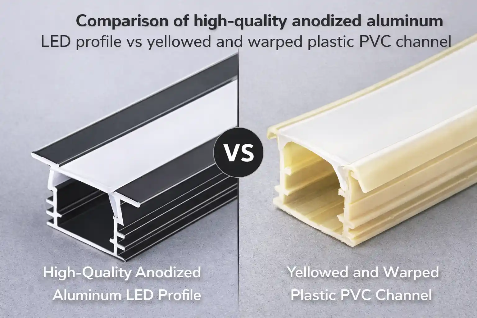 Vergleich von hochwertigem eloxiertem Aluminium-LED-Profil mit vergilbtem und verzogenem Kunststoff-PVC-Kanal.