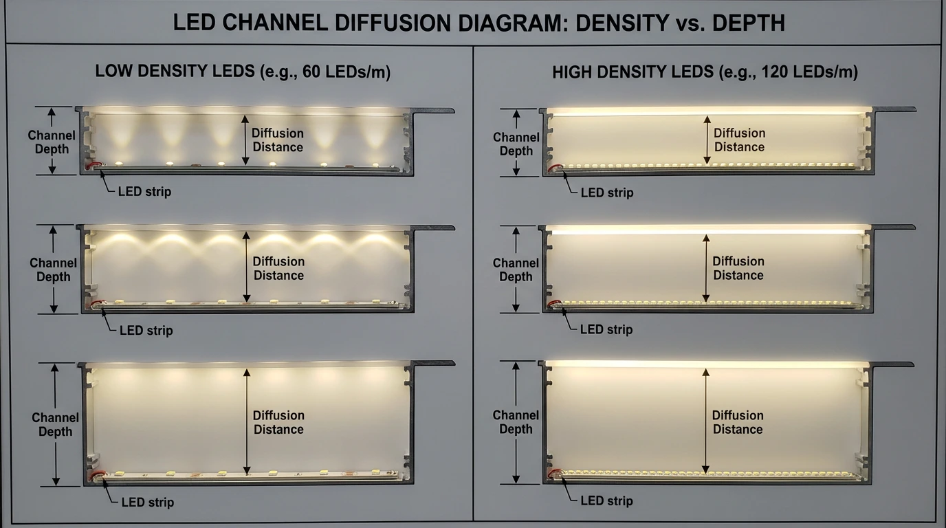 Diagram showing diffusion distance and channel depth for different LED strip densities