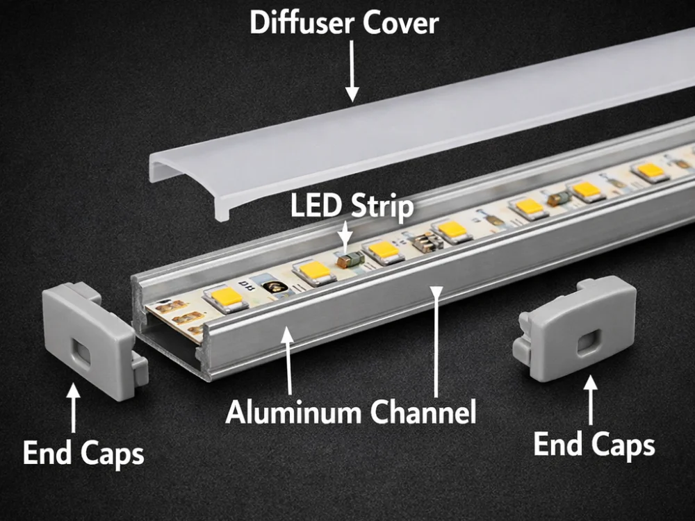 Exploded view of aluminum LED channel with LED strip and diffuser cover