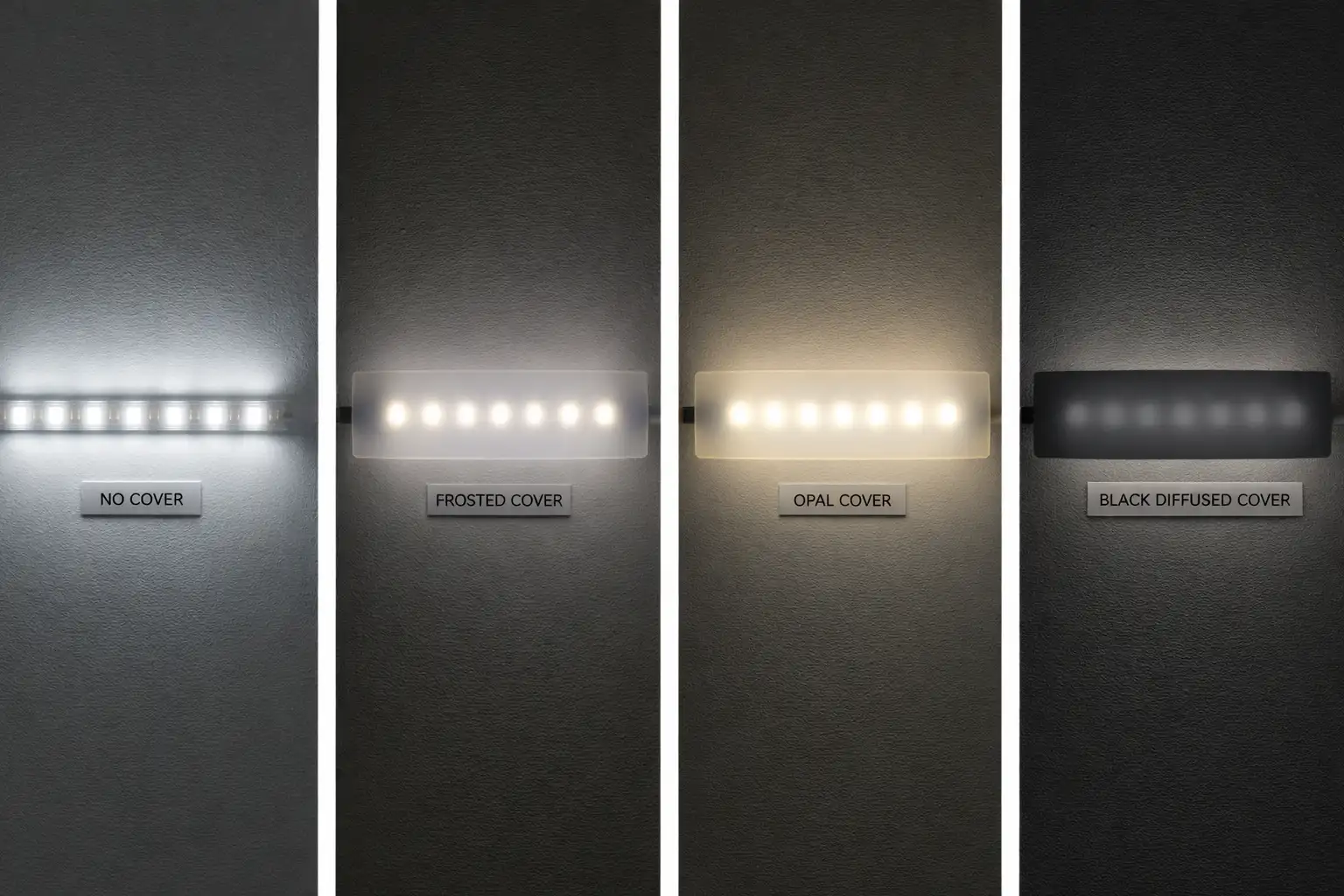 Difusores de perfil LED que muestran una distribución de luz difusa de ópalo, esmerilada y negra