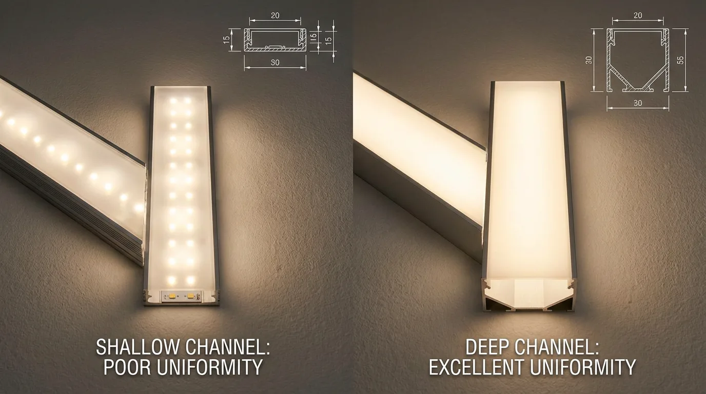 Comparación de uniformidad ligera entre canales de LED superficial y profundo