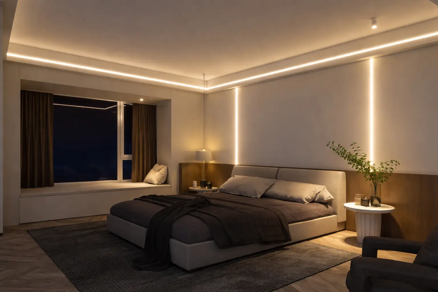 Moderne architektonische Beleuchtung mit nahtlosen LED-Streifenkanälen in einem minimalistischen Wohnzimmer