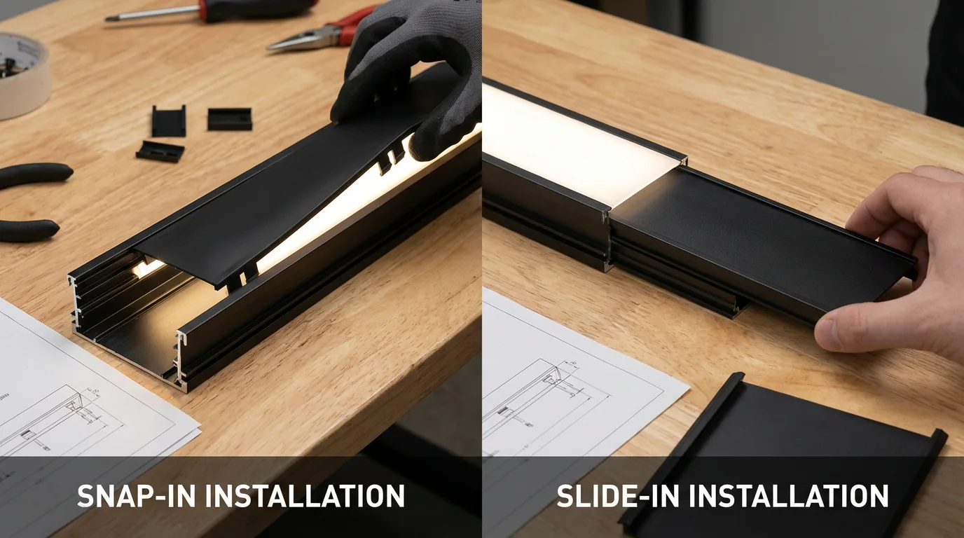Snap-in versus slide-in LED diffuser installation methods