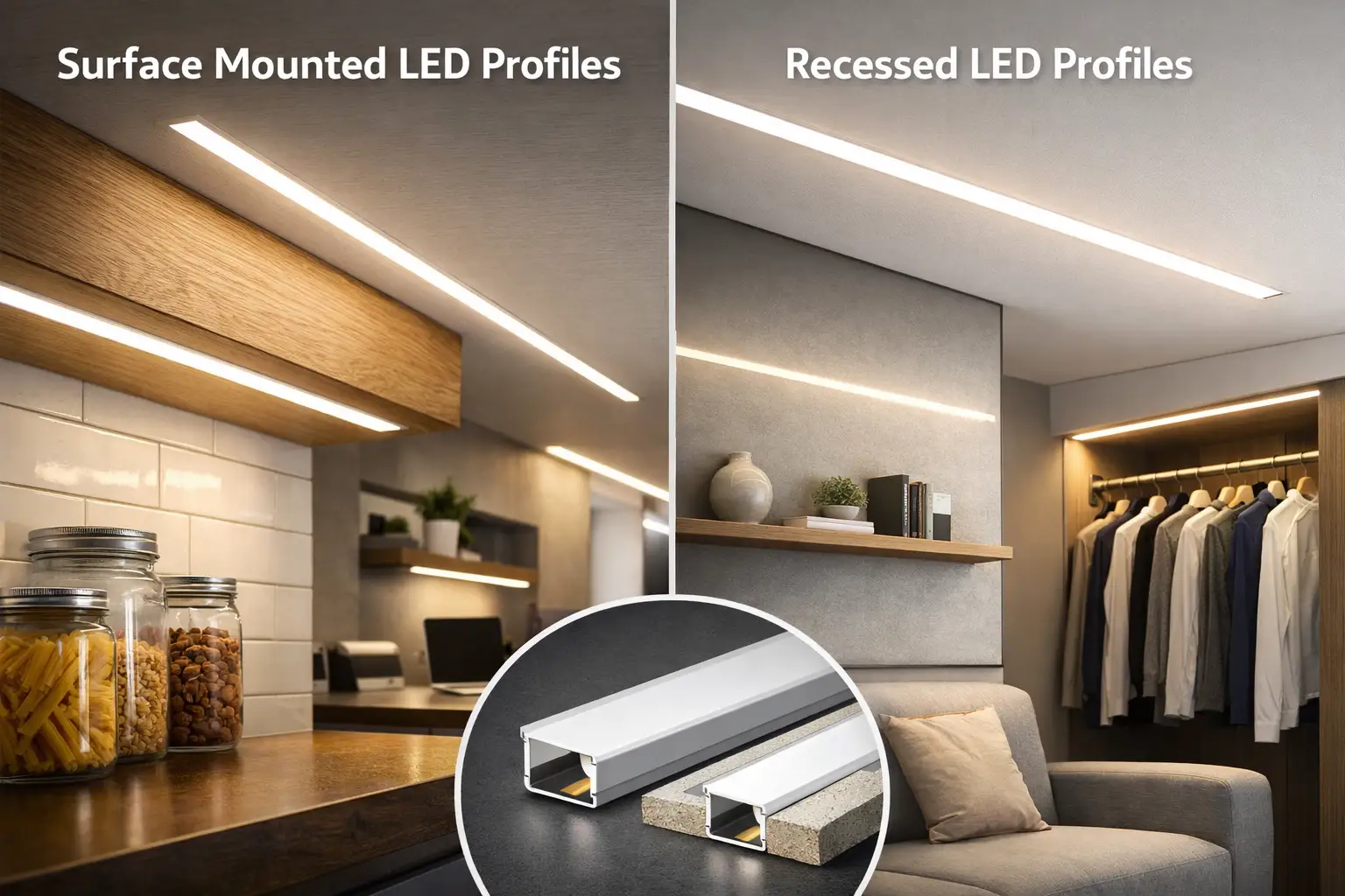 Perfiles LED empotrados y empotrados en superficie utilizados en aplicaciones de iluminación lineal