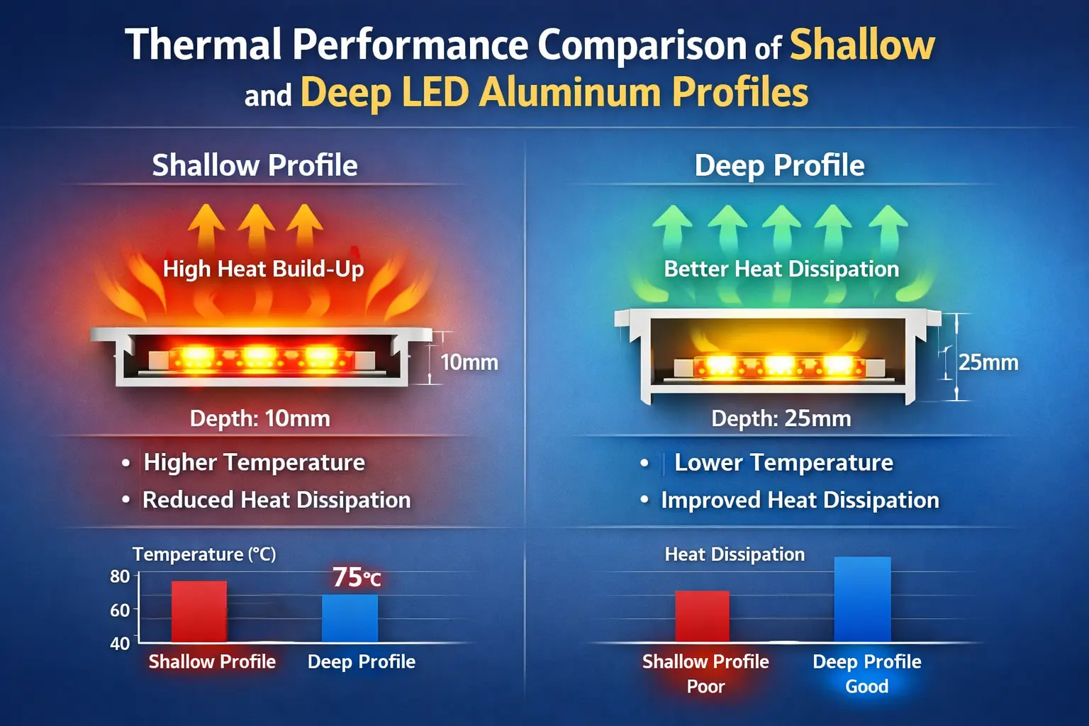 Comparación de rendimiento térmico de perfiles de aluminio LED poco profundos y profundos