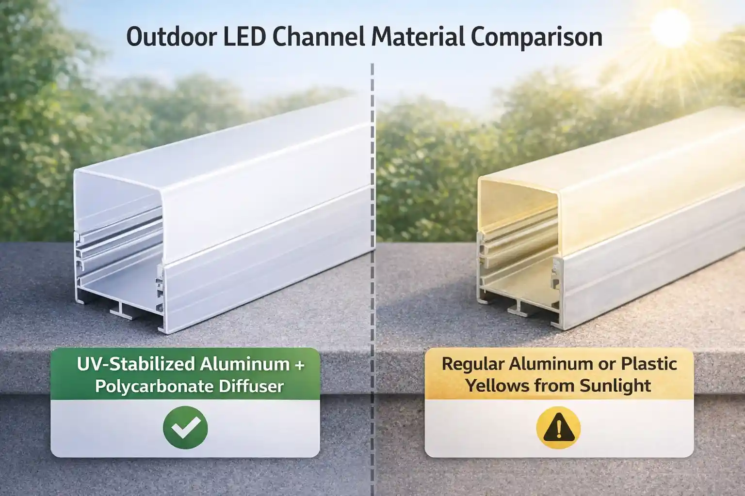 UV-stabilisierter Aluminium-LED-Kanal mit Polycarbonat-Diffusor im Vergleich zu Standard-Außenkanal mit UV-Schutz