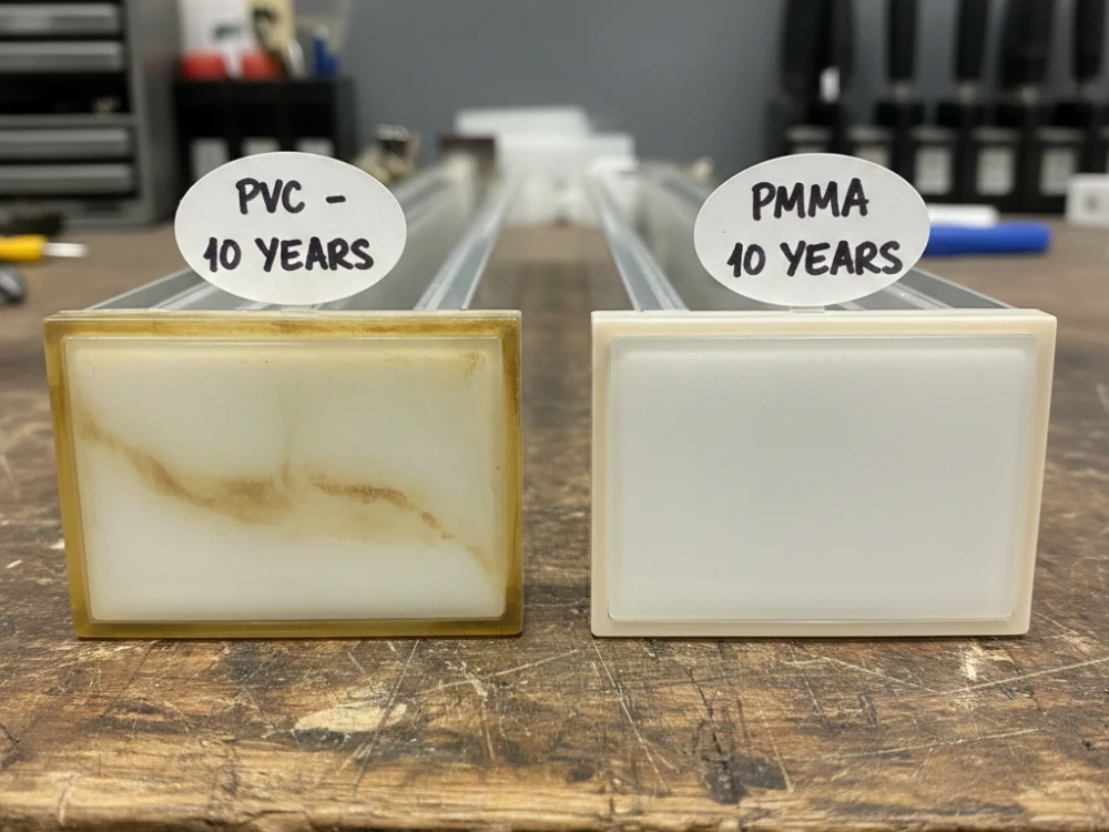 Yellowing comparison between PVC and PMMA LED diffuser covers over time