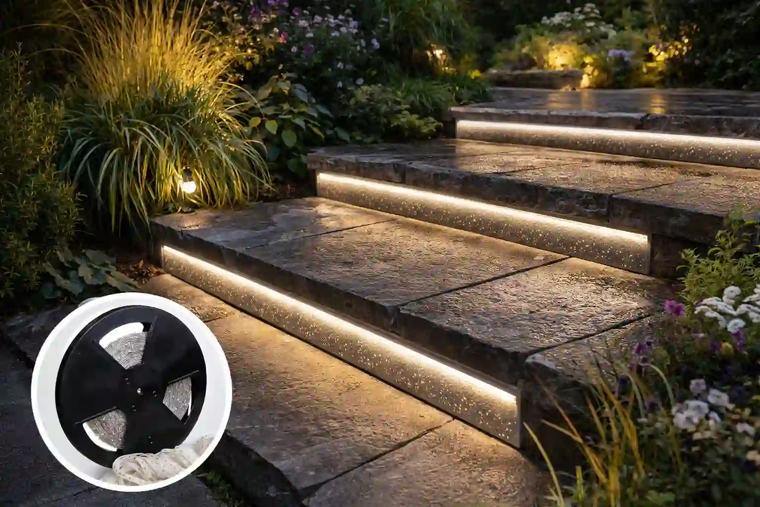 Wasserdichte LED-Streifenkanäle in einem Garten im Freien installiert