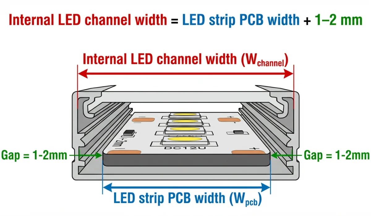 Technischer Querschnittsdiagramm für die Innenbreite für die Installation der LED-Streifen. (1)