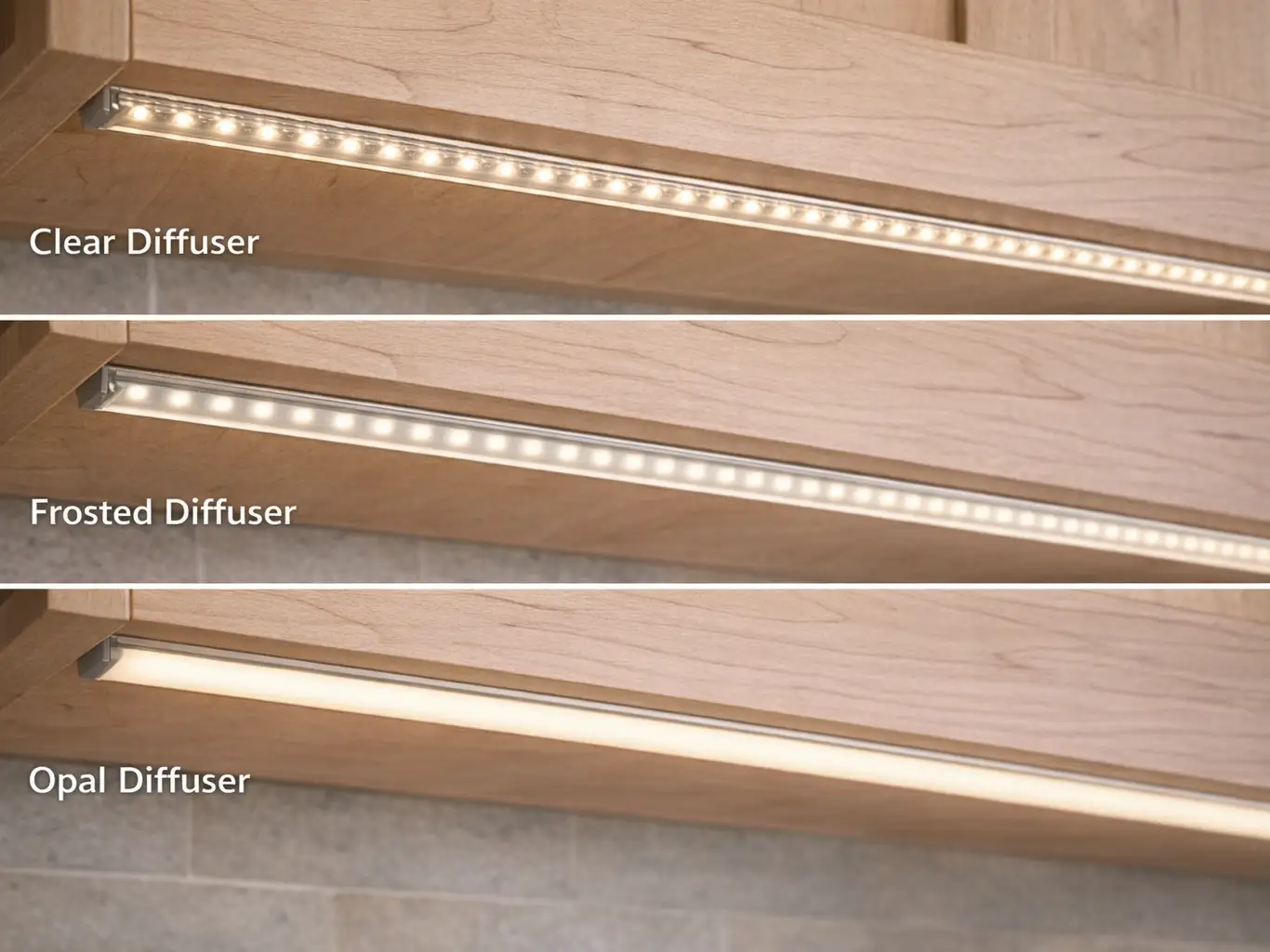 clear-vs-frosted-vs-opal-led-diffuser-comparison Clear, frosted, and opal LED profile diffusers compared showing different light diffusion and dot visibility