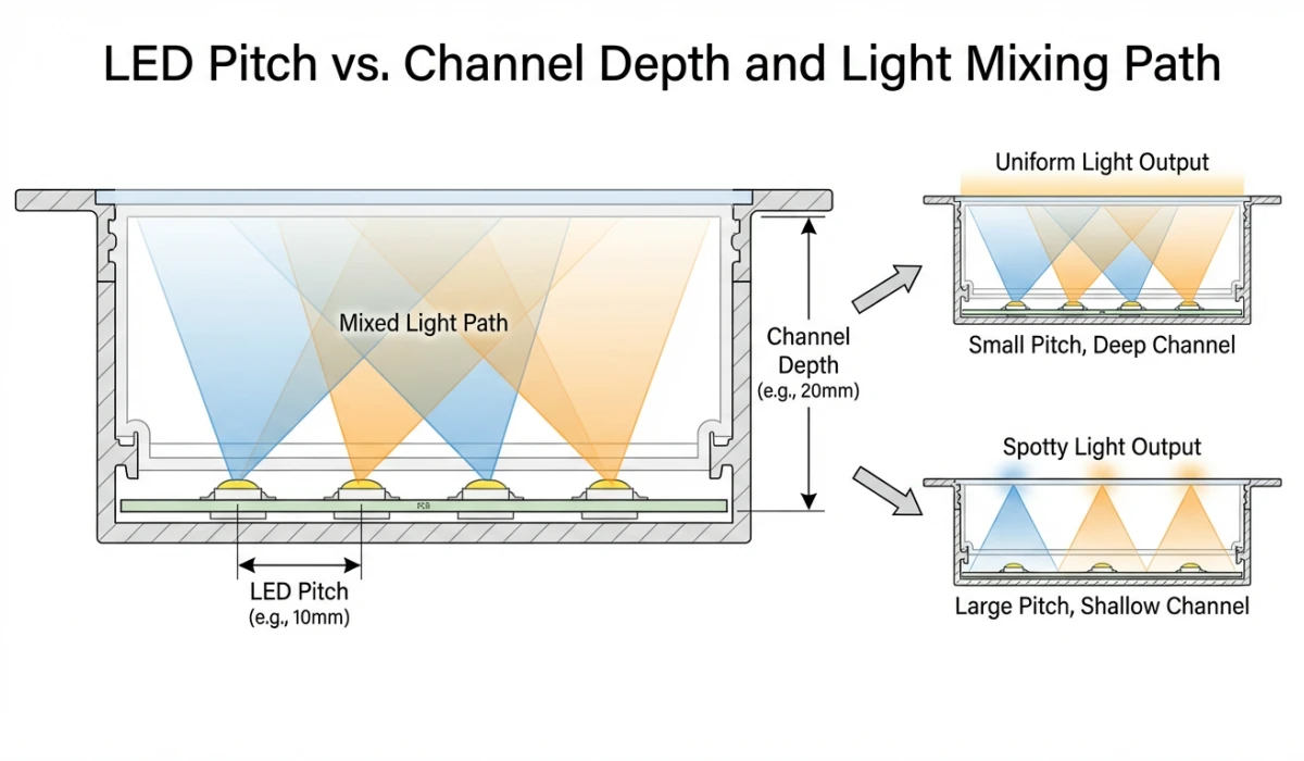 Diagramm, das die Beziehung zwischen LED-Pitch und LED-Kanaltiefe für die Diffusion zeigt