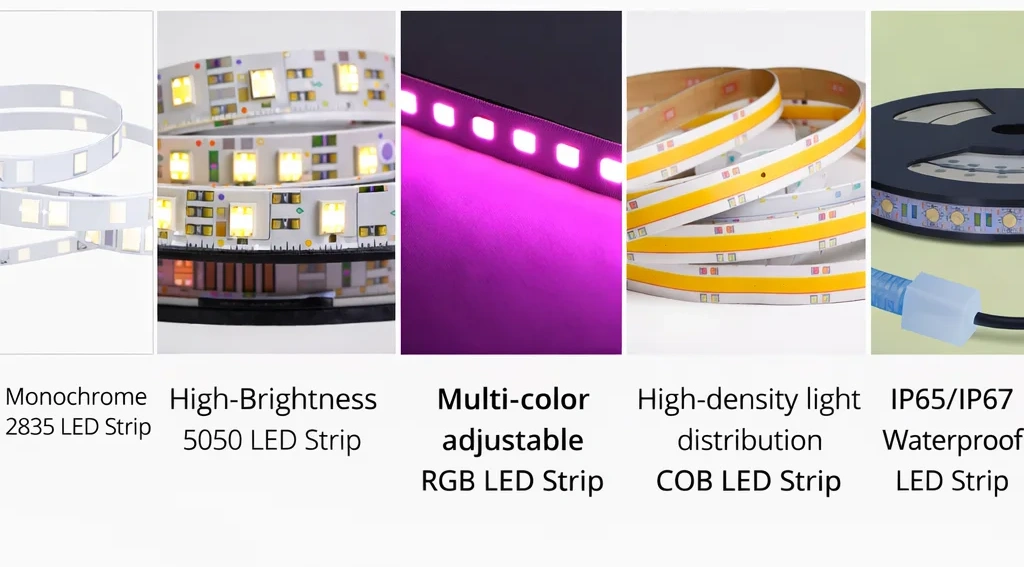 five-led-strip-types-comparison-smd-cob-rgb-waterproof Showcase of different LED strip types including SMD 2835, 5050 RGB, COB LED strip, and waterproof silicone-coated strip