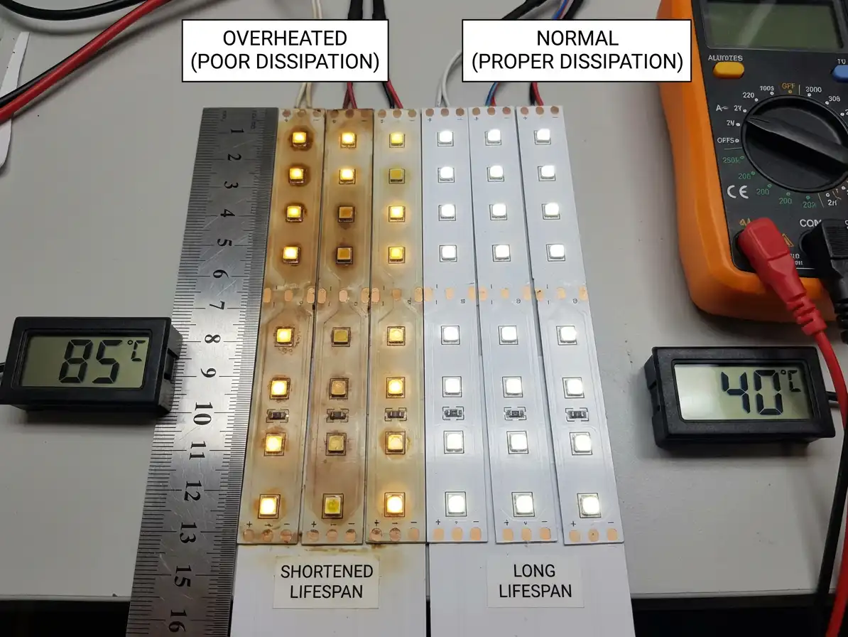 led-profile-heat-dissipation-thermal-diagram Comparison of overheated LED strip in shallow channel versus properly cooled strip in deep aluminum profile
