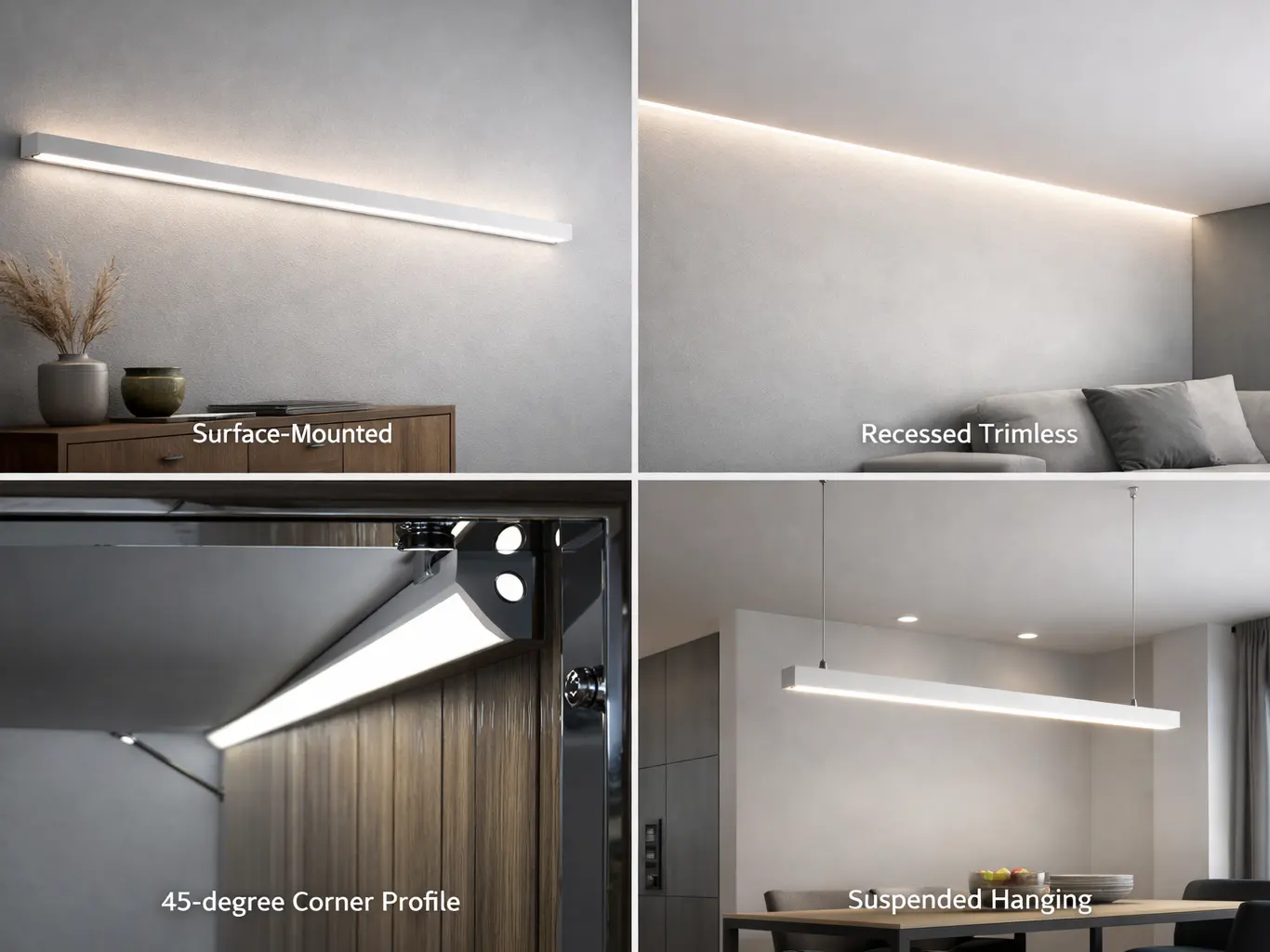 led-profile-installation-types-surface-recessed-corner Comparison of LED profile installation types: surface-mounted, recessed, corner, and suspended applications in real settings