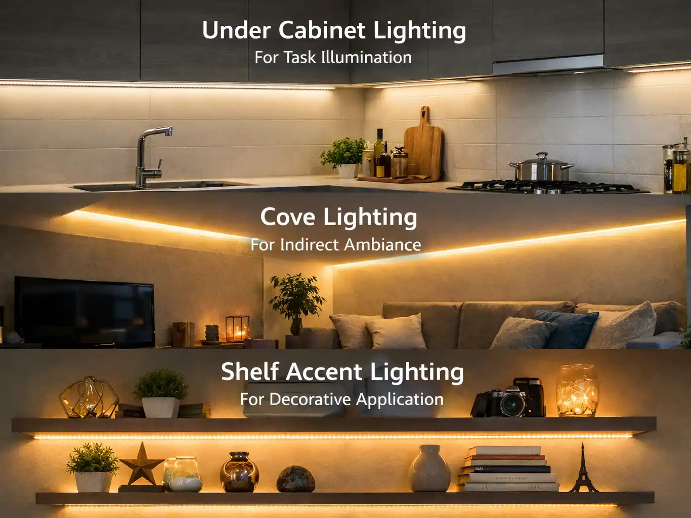 led strip lighting in three scenarioes lighting in three applications: kitchen cabinet, cove and shelf accent with different functions