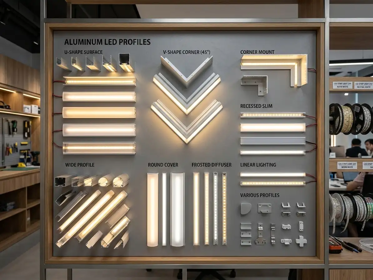 Various LED aluminum profiles and LED strip lights displayed together, including U-shape, V-shape, corner channels with and without diffusers
