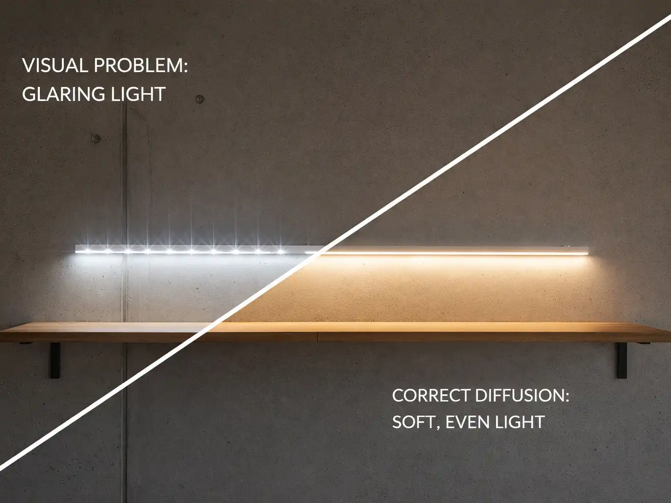 wrong-led-profile-diffuser-glare-example Harsh LED glare from clear diffuser compared with softened light using opal LED profile cover
