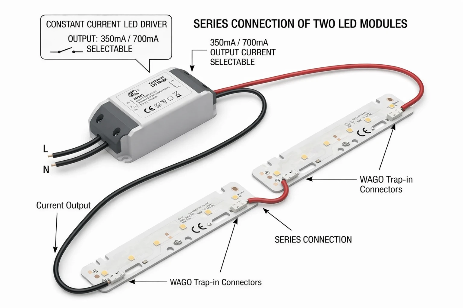 Constant current LED driver wiring diagram for LED linear modules showing 350mA series connection