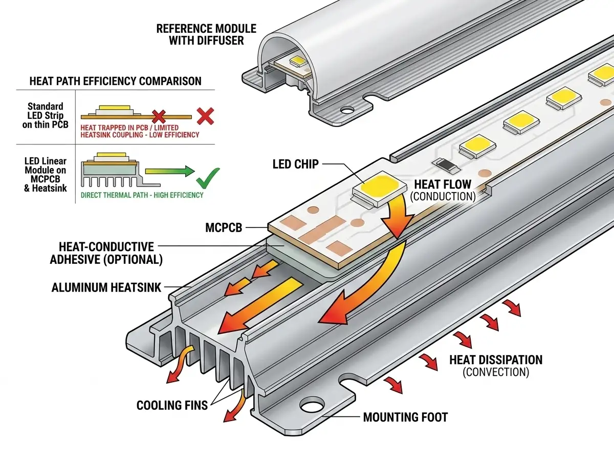 LED linear module thermal management with aluminum PCB heat dissipation versus LED strip light in aluminum channel