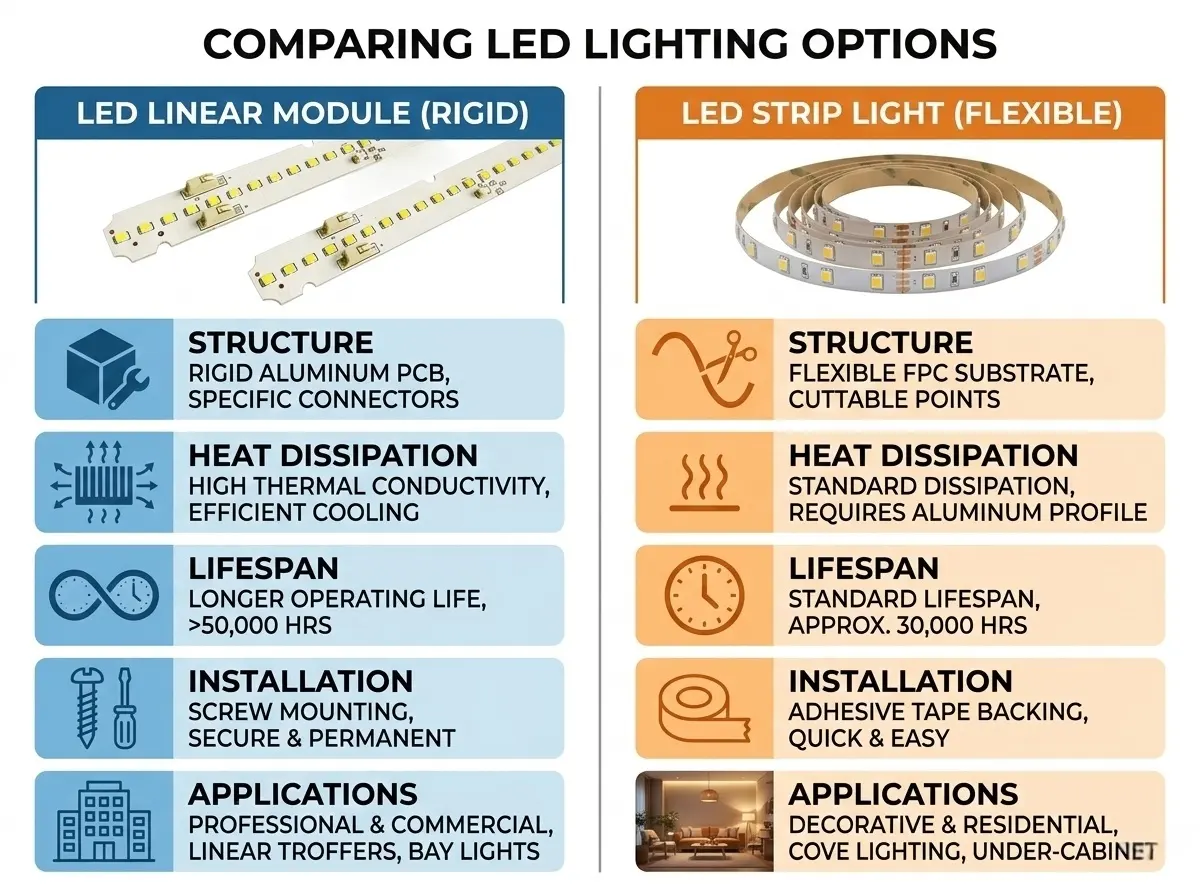 LED linear module vs LED strip light comparison summary chart showing lifespan, thermal performance, and applications