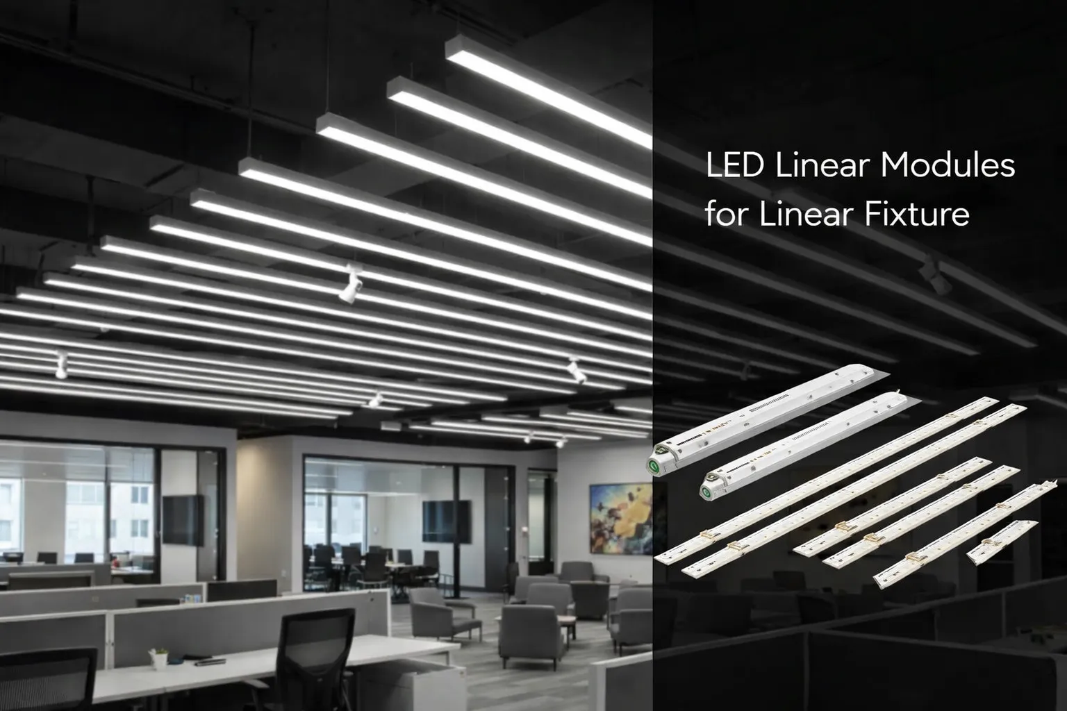 LED linear modules installed in commercial office lighting system providing uniform high-quality illumination
