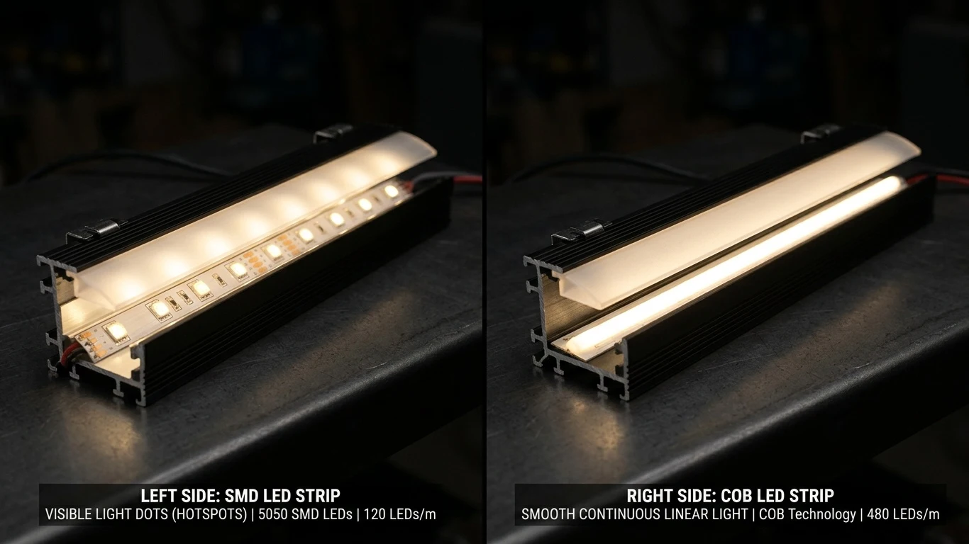 COB LED strip vs SMD LED strip showing dot-free continuous light vs visible LED dots